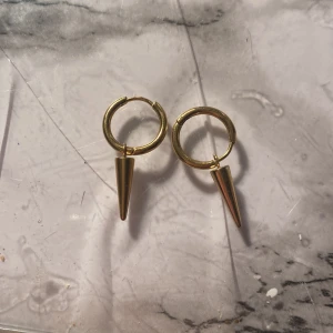Guld örhängen från Edblad - Säljer ett par coola guldiga örhängen med rund hoop och hängande konformad detalj från Edblad. Perfekta för dig som vill ha något stilrent men ändå edgy