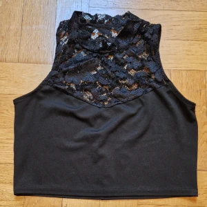 Svart croptop med spets  - Snygg svart croppad topp med spetsdetaljer. Toppen är ärmlös och har en hög hals med vackert spetsmönster både fram och bak. Passar S/M. Katt i hemmet. 