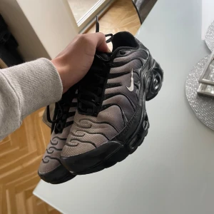 Nike tns - Säljer ett par grå och svarta Nike sneakers med snörning och en sportig design. Skorna har en robust sula och det klassiska Nike-märket på sidan. Perfekta för en casual look.