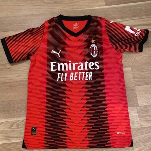 Röd och svart AC Milan fotbollströja från Puma - Snygg AC Milan fotbollströja i rött och svart från Puma. Tröjan har korta ärmar och ett coolt mönster med klubbens emblem på bröstet. Texten 'Rafa Leão' och nummer 10 pryder baksidan. Perfekt för alla Milan-fans! 🔴⚫