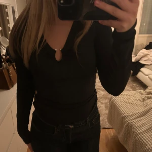 Svart långärmad topp - Snygg svart långärmad topp med v-ringning och en liten detalj vid halsen. Perfekt för en stilren look. Passar bra till jeans eller kjol.