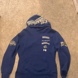 Blå hoodie från Hoodrich - Säljer en blå hoodie från Hoodrich med flera tryck på bröstet och ärmarna. Den har en klassisk känguruficka och en justerbar huva. Perfekt för en avslappnad stil.