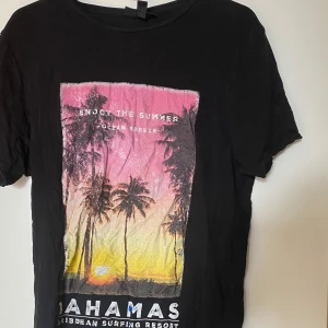 Svart t-shirt  - Svart t-shirt i slim fit med färgglatt tryck framtill som visar palmer och texten 'ENJOY THE SUMMER' och 'BAHAMAS'. T-shirten har korta ärmar och rund halsringning. Perfekt för sommarvibbar och chill stil. Frakt tillkommer