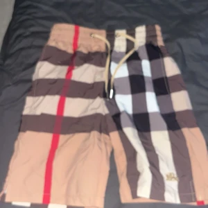 Rutig Burberry-inspirerade shorts - Snygga shorts med klassiskt rutigt mönster i beige, brunt, svart, vitt och en röd rand. De har snörning i midjan och är perfekta för sommaren. Stilen är loose och de har en ikonisk look som sticker ut.