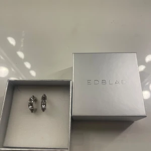 Silvriga örhängen med nitar från Edblad - Coola silvriga örhängen från Edblad med chunky design och spetsiga nitar runt hela ringen. De är i princip helt oanvända och är i ett mycket bra skick, inget spår på användning. De är stål och är  perfekta om du vill ha en snygg och trendig stil. Orginalpriset är 400 kr. Priset går att diskuteras.