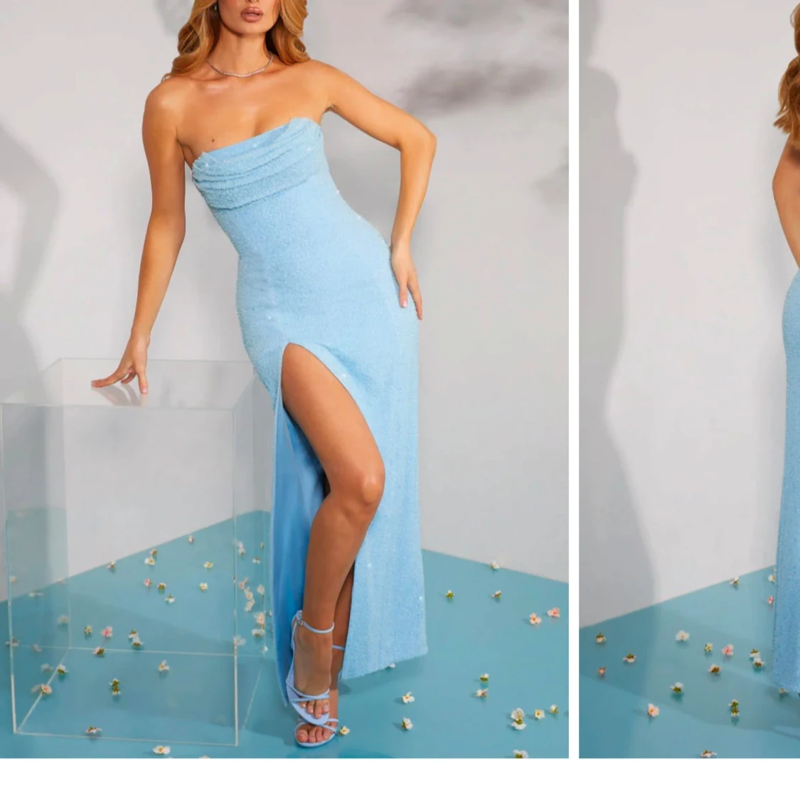 Ljusblå axelbandslös långklänning oh polly - 1