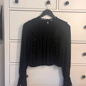 Svart blus med volang från Zara - Supersnygg svart blus från Zara med volangdetaljer längs axlar och ärmar. Hög hals med spetskant och långa ärmar som avslutas med en liten volang. Perfekt för dig som gillar en stilren men ändå extra look.