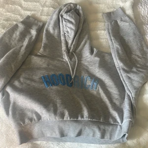 Grå hoodie från Hoodrich med blå text - Säljer en grå hoodie från Hoodrich i storlek M. Tröjan har en huva med snörning och blå broderad HOODRICH-text på bröstet. Mjuk bomullsblandning och ribbade muddar vid ärmslut och midja. Perfekt för chill dagar eller streetwear-stil.