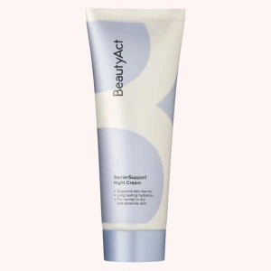 BeautyAct BarrierSupport Night Cream - En nattkräm från BeautyAct i en stilren tub med ljusblå och vit design. Krämen är framtagen för att stärka hudbarriären och ge långvarig återfuktning, perfekt för normal till torr och känslig hud. Tuben har en matchande ljusblå skruvkork. Nypris ca 300, helt ny och aldrig testad.