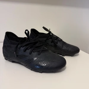 Svarta fotbollsskor Adidas Predator - Säljer ett par svarta Adidas Predator fotbollsskor med snörning och rund tå. Skorna har syntetmaterial och är designade för spel på gräs med dobbar undertill. Perfekta för dig som vill ha bra grepp och kontroll på planen.De är använda men i bra skick. Skorna kommer såklart att rengöras innan fraktning. Pris kan diskuteras
