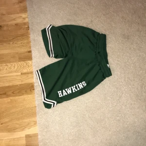 Gröna stranger things  shorts med Hawkins-tryck - Snygga gröna shorts med texten 'HAWKINS' tryckt i vitt. De har en sportig look med vita ränder vid bensluten. Perfekta för en avslappnad stil eller för att visa din kärlek till serien. Elastisk midja för bekväm passform.de är från basketlaget i stranger things