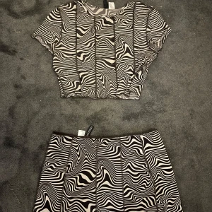 Zebramönstrad kortkjol från H&M Divided - Säljer en svartvit zebramönstrad kortkjol  och topp från H&M Divided. Kjolen och toppen har en cool, vågig zebraprint och är sydd i ett lätt, stretchigt syntetmaterial. Perfekt för dig som vill sticka ut med ett trendigt djurmönster.