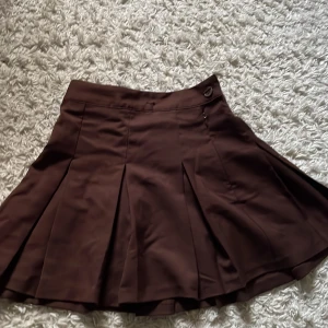 Brun plisserad kortkjol med dragkedja - Gullig brun kjol från HM i storlek 34. Använts några gånger och hål har gjorts i midjan för mindre passform