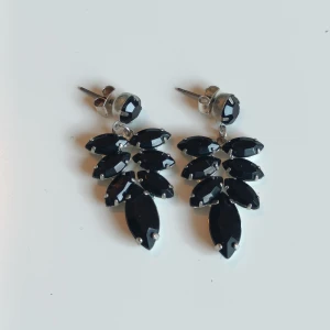 Svarta örhängen i silverfärg - Säljer ett par snygga örhängen med svarta stenar i silverfärgad infattning. Örhängena har ett bladliknande mönster och är perfekta för att lyfta din outfit. Inte alls använda många gånger. Strass!