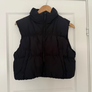 Svart dunväst från H&M Divided - Säljer en svart dunväst från H&M Divided med hög krage och dragkedja framtill. Västen är croppad och har en puffig, quiltad design som ger en trendig look. Perfekt att slänga över en hoodie eller tröja för extra värme.