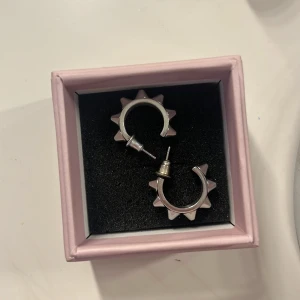 Silvriga Edblad örhängen med nitar - Coola silvriga örhängen i form av små hoops med utstickande nitar runt om. Perfekta för dig som vill ha en edgy och unik stil. Obs! Original plopparna är inte med.