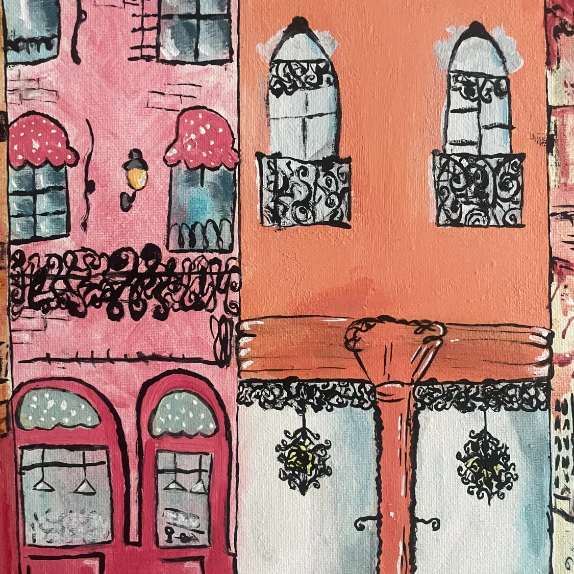 Målning av stadstorg med café och pastellfärgade byggnader - 4