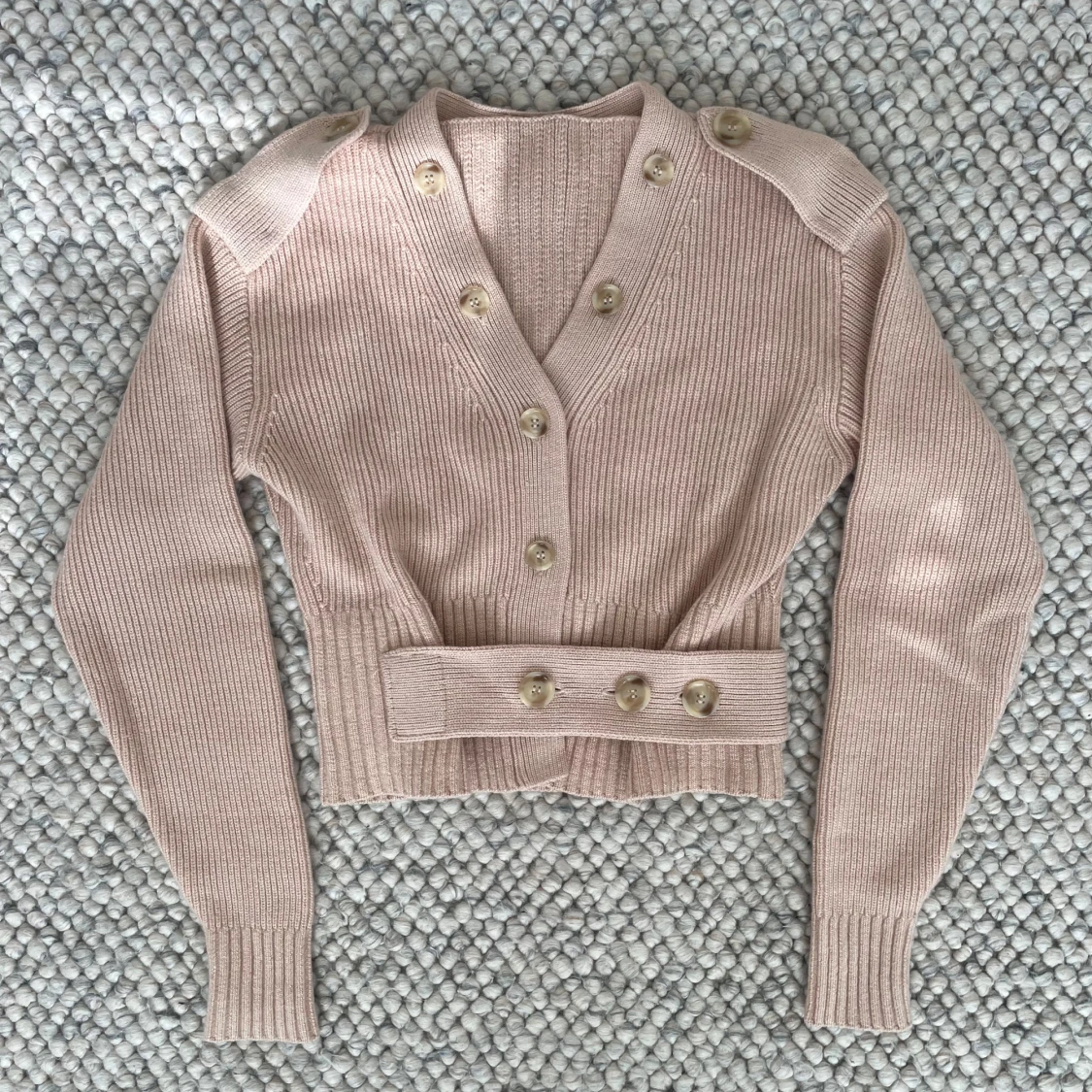 Beige ribbad kofta med bälte - 2