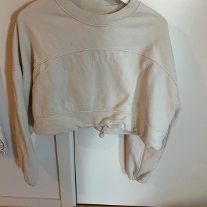 Beige croppad sweatshirt från Zara - Säljer en beige croppad sweatshirt från Zara med långa ärmar och rund halsringning. Tröjan har dragsko i midjan för justerbar passform och är tillverkad i mjukt bomullsmaterial. Perfekt för en avslappnad stil.