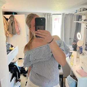 Blåvit randig offshoulder blus från Gina Tricot - Säljer en söt blåvit randig offshoulder blus från Gina Tricot. Toppen har volang upptill och är perfekt för varma dagar. Luftig och lätt i bomullsmaterial, passar till både jeans och kjol.