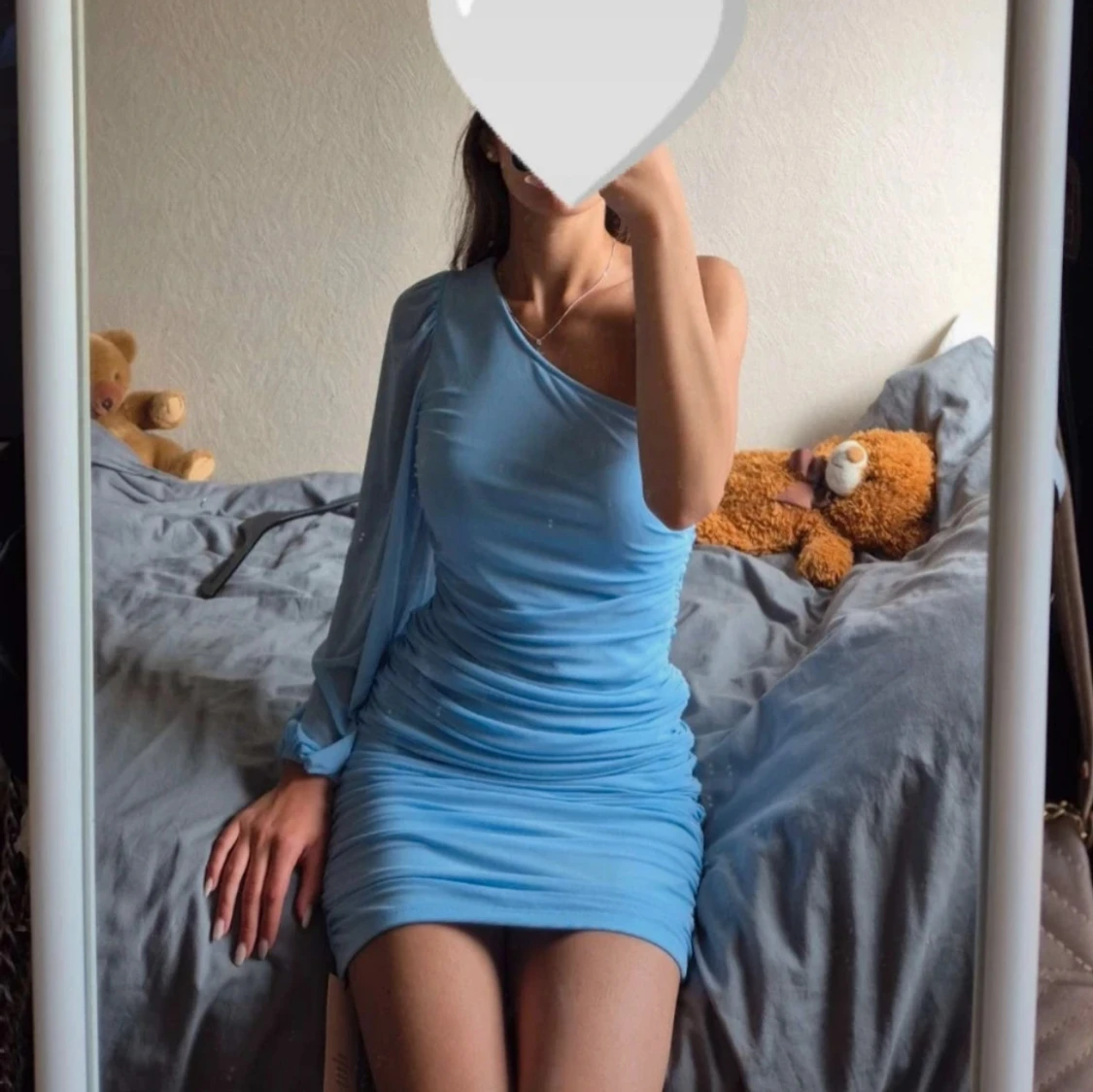 Ljusblå one shoulder kortklänning - 1