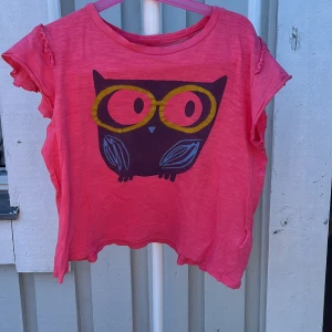 Rosa t-shirt med uggletryck - Cool rosa t-shirt från A&F med ett stort tryck av en svart uggla med gula glasögon på framsidan. T-shirten har korta ärmar med volangdetaljer och är gjord i ett tunt, mjukt material som känns skönt mot huden. Perfekt för dig som gillar färg och roliga prints.