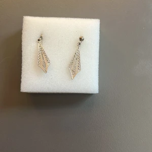 Silvriga geometriska örhängen - Säljer ett par silvriga örhängen med unik, geometrisk form och detaljerat mönster. 