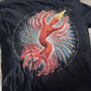 Svart långärmad Tool Tour 2022 tröja från Gildan - Säljer en svart långärmad Tool Tour 2022 tröja från Gildan i storlek M. Framsidan har ett litet gult tryck på bröstet och detaljer längs ena ärmen. Baksidan har ett stort färgglatt motiv med bandets grafik. Perfekt för fans av bandet!