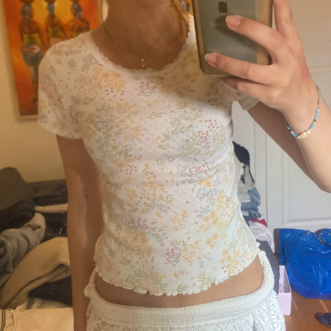 blommig t-shirt med spets - 92