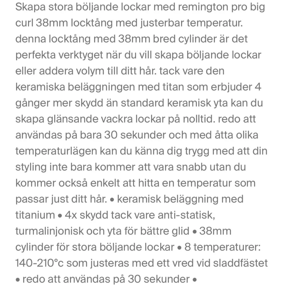 Remington Pro Big Curl 38mm locktång med justerbar temperatur. Denna locktången är 38mm bred cylinder. Säljer då den inte fungerade på mitt hår. Testad en gång. Kartong till locktången ingår. Pris kan diskuteras vid snabb affär . Accessoarer.