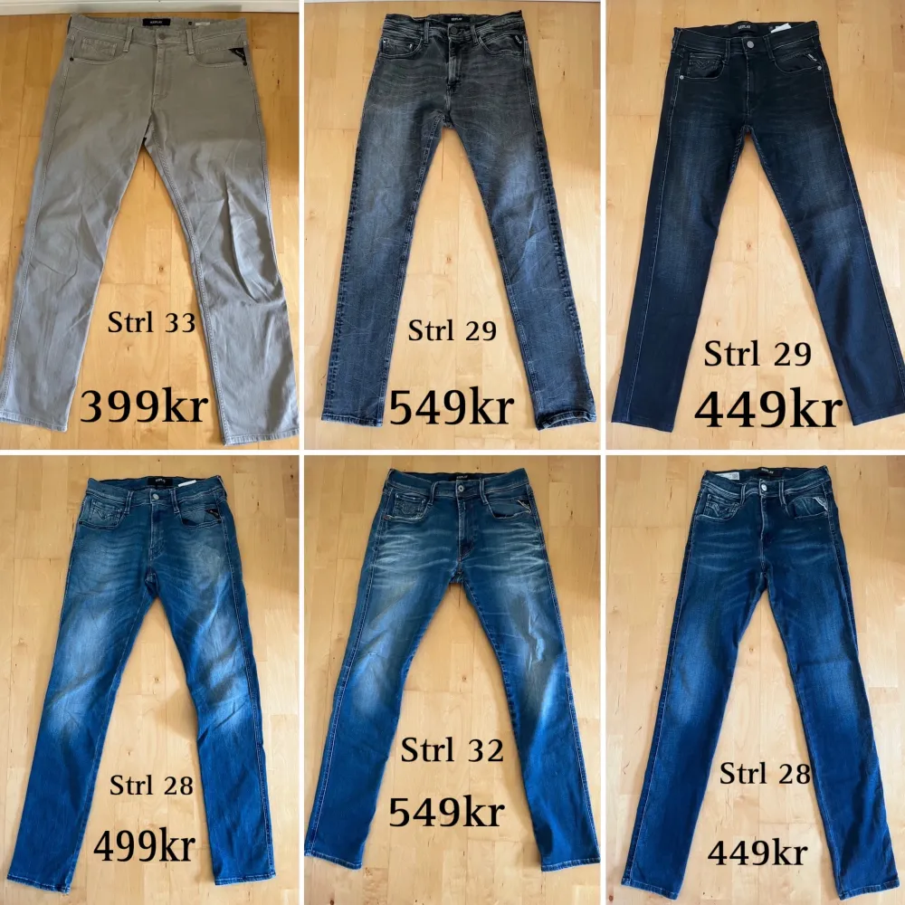 Nu säljer vi 6 par Replay Jeans som är sjukt snygga och bra kvalitet. Ni kommer inte hitta bättre priser🤩Alla de blåa jeansen har hyperflex material😍 Kolla vår profil för att se alla jeans i enskilda annonser. Mvh FashionLab🤘🏻. Jeans & Byxor.