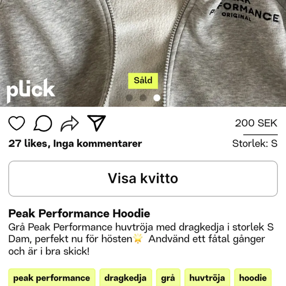 (Intressekoll därav priset just nu!!! och jag har lånat bilder från Plick där den köptes) Huvtröja med dragkedja i storlek S dam. Jättefin och skön! Använd fåtal gånger! . Hoodies.