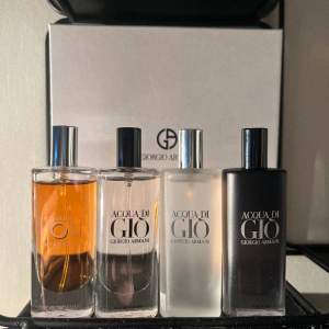 Sä 15 ml Armani parfymer för jag vill bli av med dom. Alla 4 är nästan helt oanvända bara test sprutade. 650 för alla 4. Kan säljas enskilda! 1. Stronger with you intensely.15ml 2.Aqua di gio edp.15ml 3.Aqua di gio edt.15 ml 4.Aqua di gio parfume