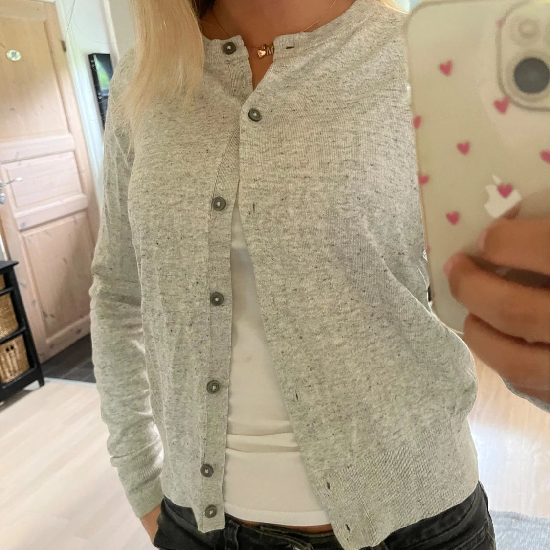 Grå finstickad kofta  - 90
