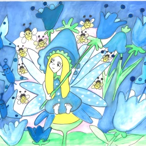 Illustrationer av älvor med huvudbonader - Fyra färgglada illustrationer som visar älvor med olika huvudbonader. Varje älva är omgiven av natur och blommor i olika färger och stilar. Perfekt för att dekorera barnrum eller som en del av en sagosamling.