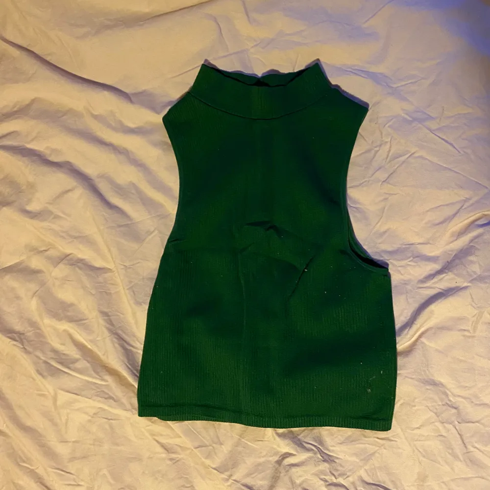 En grön turtleneck tröja utan ärmar. Ribbad och tight. Croppad i magen.  Köpt för ett tag sen men knappt använd. M-L i storleken. Toppar.