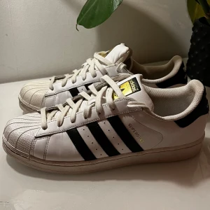 Adidas Superstar Fint skick - Säljer ett par Adidas Superstar i väldigt bra skick! Använda ett fåtal gånger och är bara lite smutsiga. Det är storlek 45 1/3 men de passar mig som är 43/44 På hemsidan kostar dem 1349 kronor, mitt pris är bara 500 spänn!  Hör av dig vid funderingar