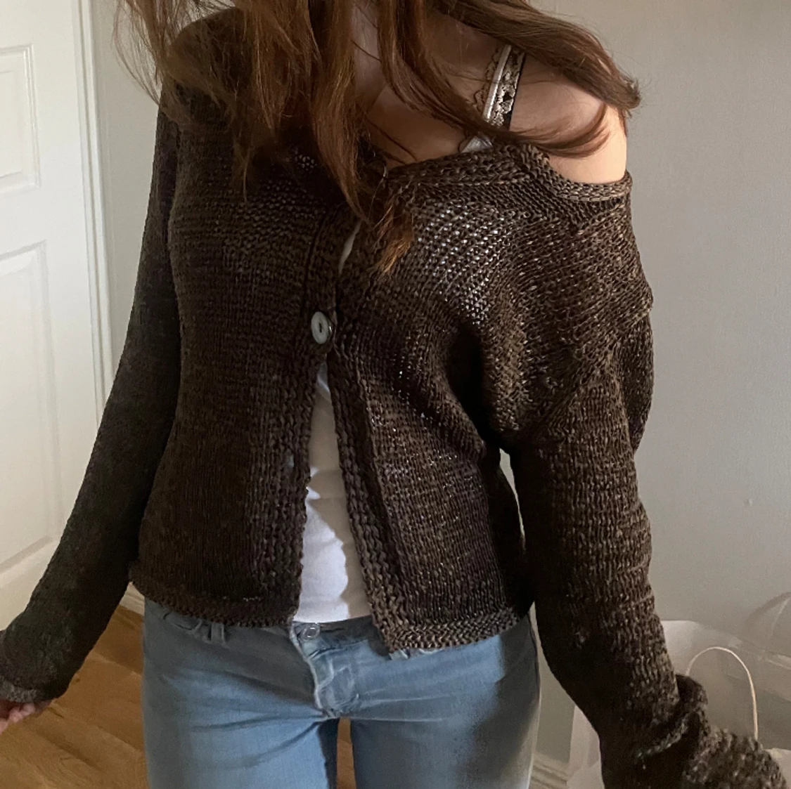 Stickad brun kofta - 90