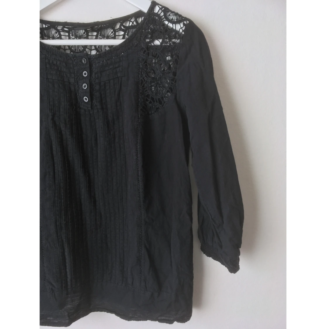 Blus, virkade detaljer, stl 40, bomull, svart, bohemisk, 3/4 ärm - 91