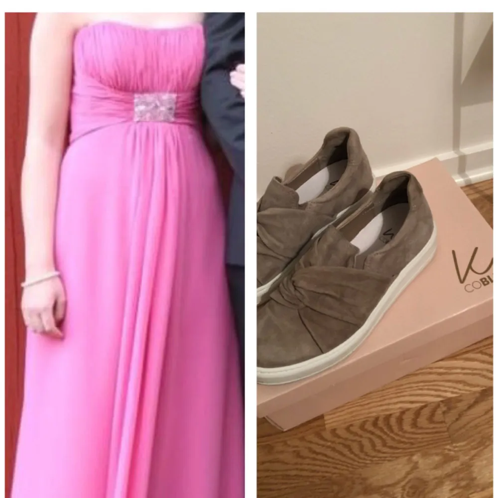 Kelsey Rose balklänning i rosa färg. Stl 8. Mycket fin klänning. 300kr   K.Cobler vårskor i ljusgrått, aldrig använda mer än testade inomhus, kartong, kvitto och skoputs medföljer. 500kr. Stl 36. Skor.