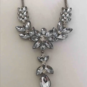  - Vilket bling bling halsband! Jätte fint silvrigt halsband med glittriga stenar i form av en blomma med blad runtomkring. Använd max 1 gång, nyskick! Normal längd på kedjan. Verkligen jätte fint! 