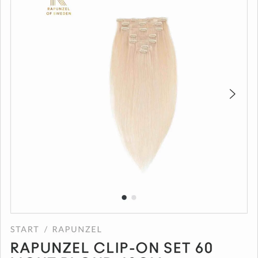 Rapunzel of Sweden löshår 40 cm långt i färgen #60 i riktigt människohår. Jättebra skick då det är endast använt 1 gång. Set med 7 st clips men det saknas en 1-clips då jag försökte färga det.  Nypris 990 kr nu men köpt för 1.299 kr. Accessoarer.