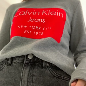 Calvin Klein sweatshirt  - Säljer denna supersnygga sweatshirt med rött sammetstryck från Calvin Klein! 🥰 Endast använd en gång då kvaliten är i nyskick, säljs då den inte längre är till någon användning i min garderob 💕 Tröjan är i XS och är då lite oversized. Frakt tillkommer :)