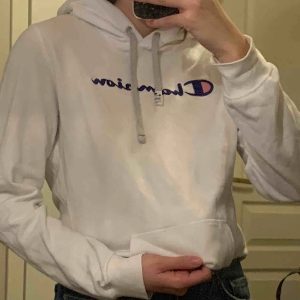 Hoodie från Champion. Storlek XL, men jag skulle säga att den är som en L/M. Lite nopprig som man kan se på andra bilden.. Hoodies.