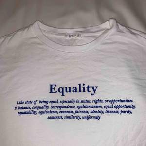 En vit t-Shirt med blå text i sammets, schysst budskap om vad Equality står för:) Säljs pga att den aldrig används, använd 1 gång sen tvättad (alltså är den i fint skick!) Köpt på MANGO