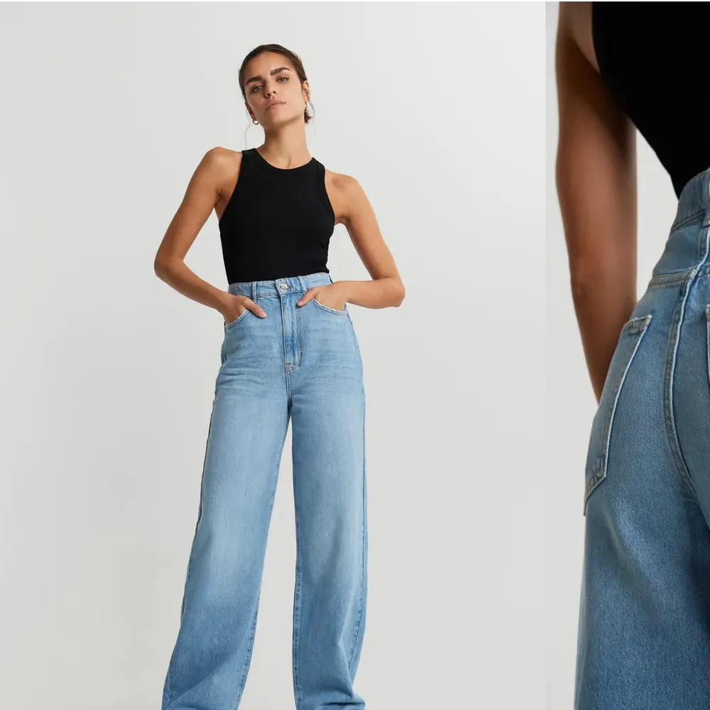 Hej, säljer ett par vida jeans från Gina Tricot, modellen Idun 💓🌸 Den här färgen går inte att få tag på längre och nypris var 600kr:) De är aningen för korta för mig som är 184cm men går att klippa om man vill ha dem kortare. Säljes då de är för stora i midjan, endast använda ca 5 gånger 🌻 Frakt tillkommer!. Jeans & Byxor.