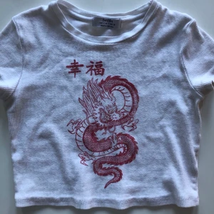 Tshirt Vit med rött tryck av bla drake - Använd ett antal gå ger men inga fläckar eller liknande. Väldigt cool till allt möjligt egentligen. Vågar man säga att det är en statement piece? Frakt ingår ej.