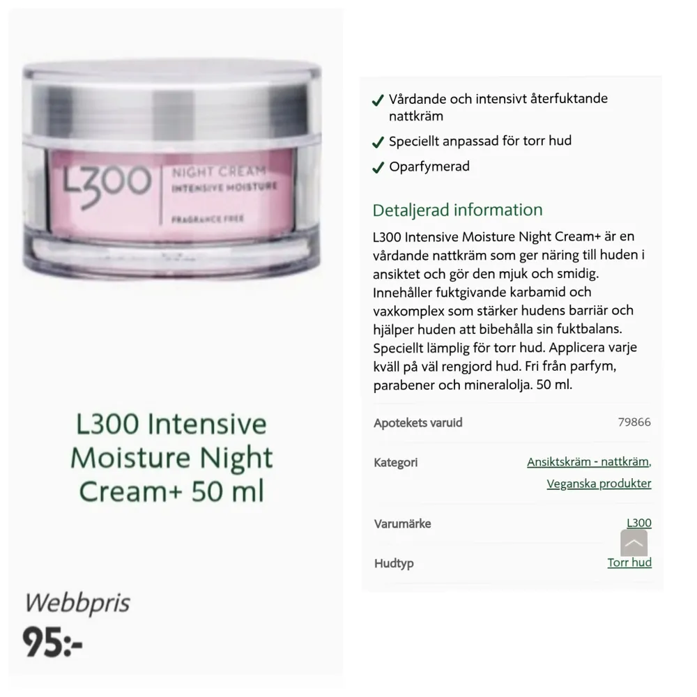 L300 Intensive Moisture Night Cream , nattkräm Storlek: 50 ml *Boostar hudens naturliga återfuktningssystem *Stimulerar hudens förnyelse *Oparfymerad   Skick: Ny För mer produkt info se bilder.. Övrigt.