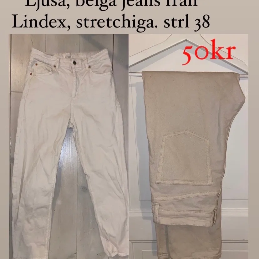 Beiga jeans från Lindex i strl 38 (passar 40/L också). Stretchiga och slutar vid ankeln (är 170 cm med relativt långa ben) 50kr +frakt 🤎🌟. Jeans & Byxor.