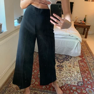 Svarta trekvartslånga kostymbyxor - Säljer ett par svarta trekvartslånga kostymbyxor från Zara. Knappt använda, toppenskick! Köparen står för frakt!